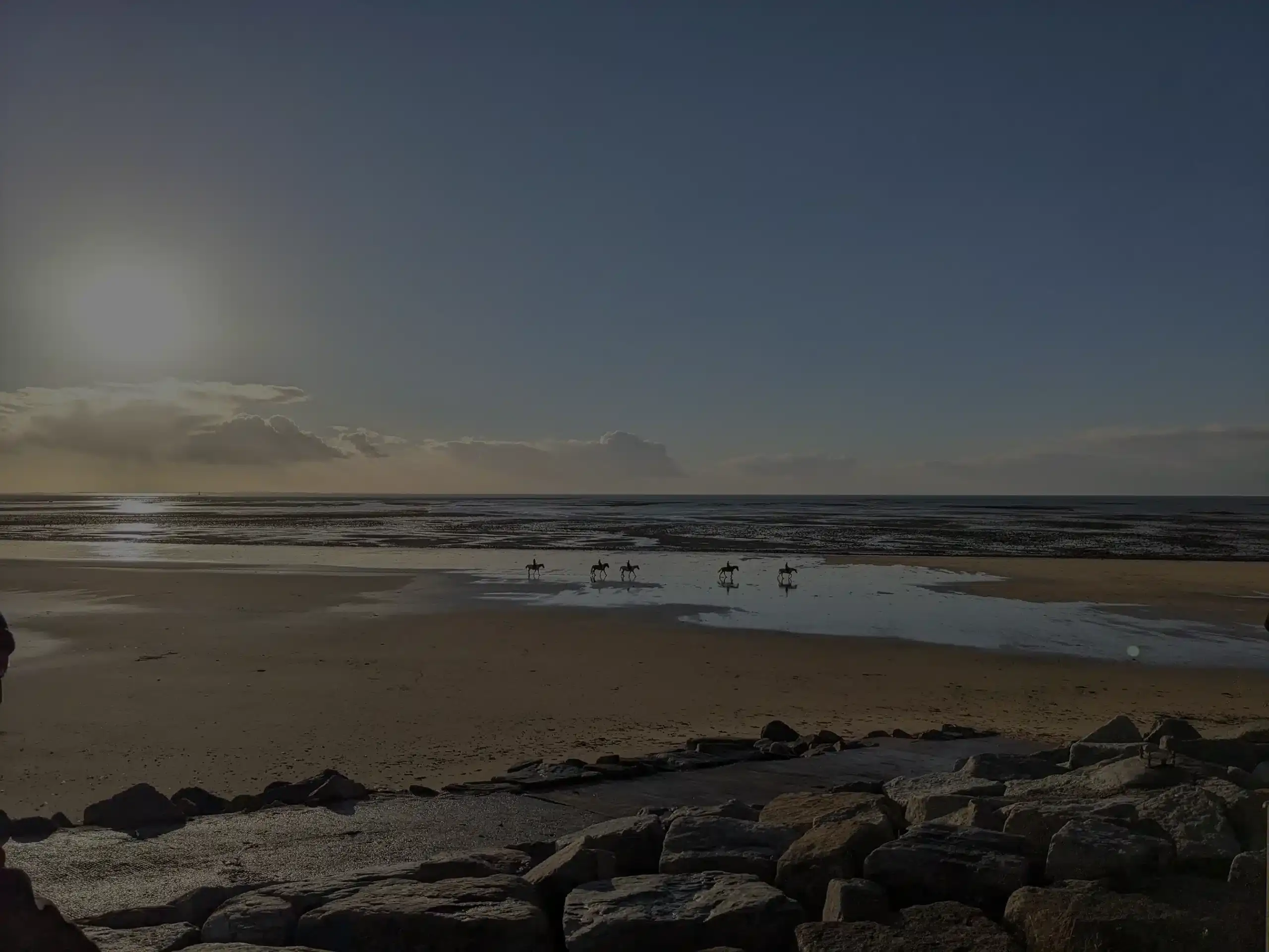Chevaux au coucher du soleil sur la plage d’Agon-Coutainville près du camping dans la Manche