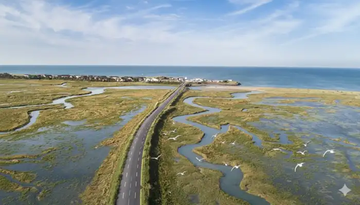 Paysage de marais et route côtière vus depuis les hauteurs lors d’une randonnée dans la Manche