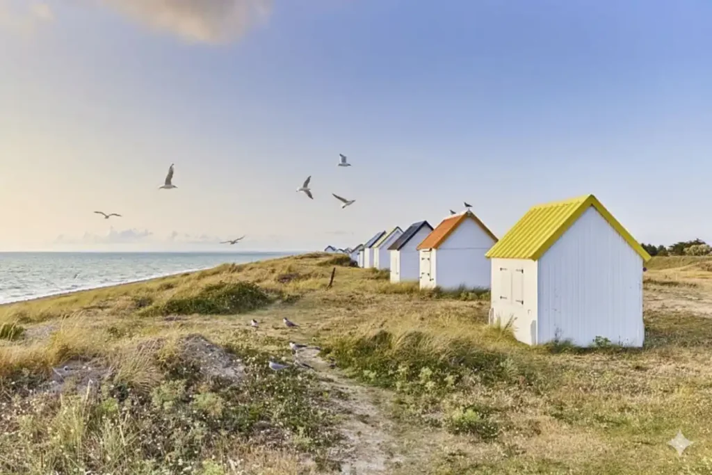 Le circuit des Cabines à Gouville sur Mer (La Grande Boucle) Randonnée Manche cabanes de plage colorées face à la mer