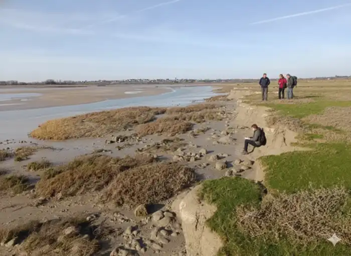 Groupe de randonneurs dans la baie de la Manche observant les paysages côtiers