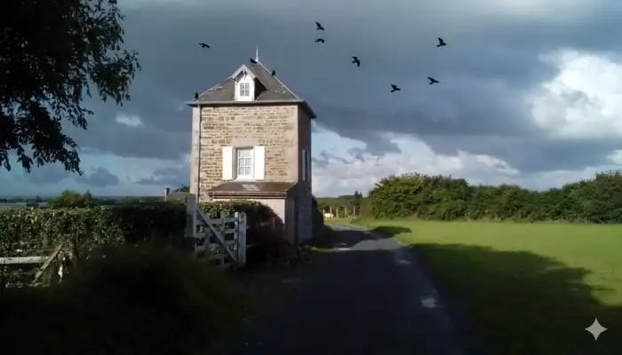 Chemin de randonnée dans la Manche avec une maison en pierre et un ciel nuageux