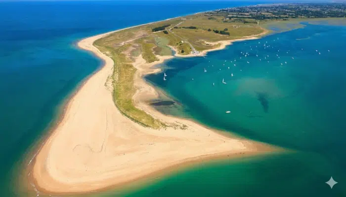 Pointe sableuse et mer turquoise visibles depuis un itinéraire de randonnée dans la Manche